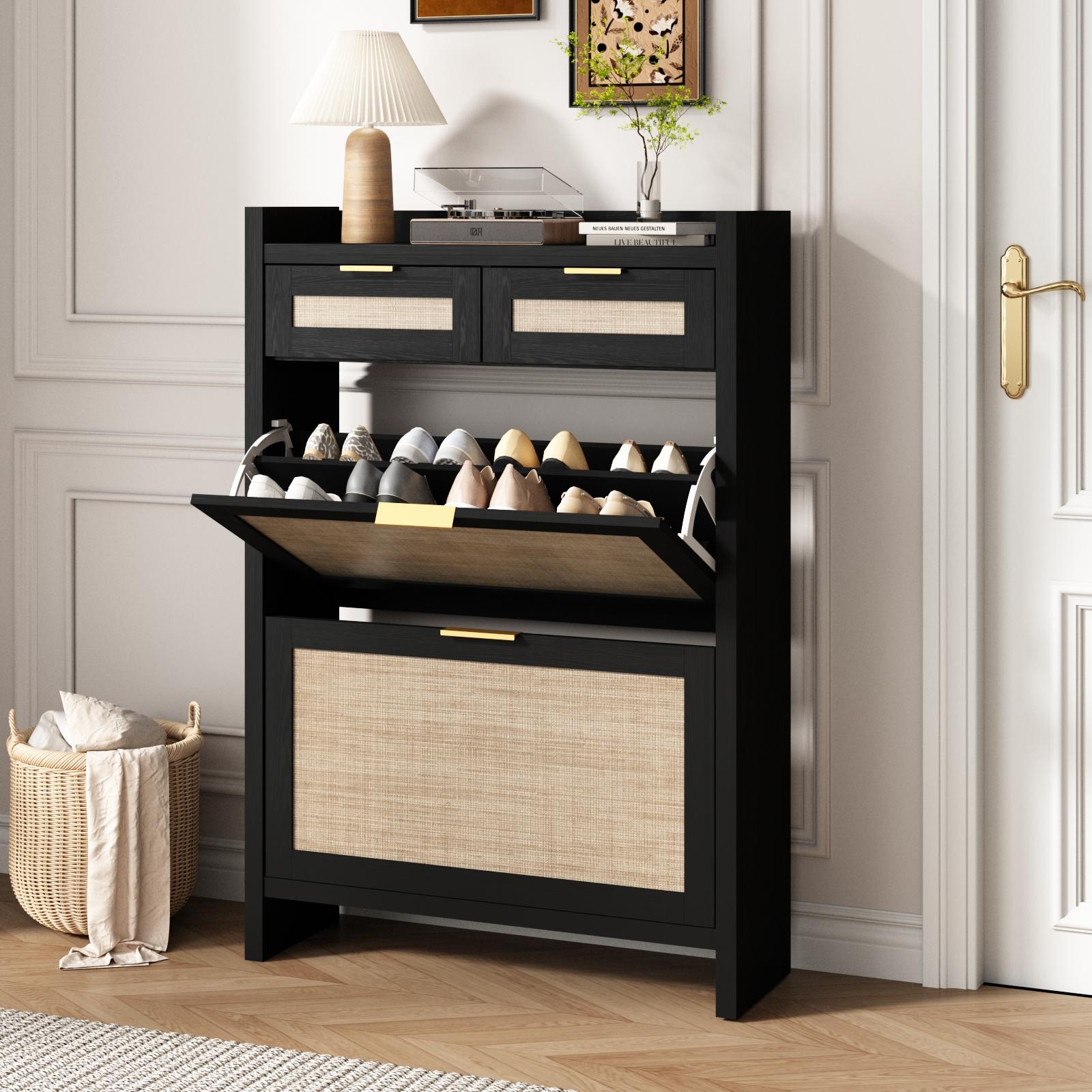 PieDle Furniture Boho-Chic Rattan Shoe Storage with Drawers for Home Entries
