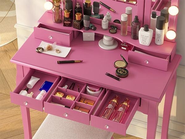 Sikaic Makeup Vanity Set with Lighted Mirror Stool Drawers and Cushioned Stool Desk Bedroom