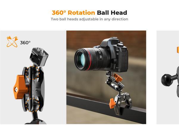 [K&F CONCEPT]Camera Clamp Mount, Super Clamp Mount Magic Arm with Two 360° Ball Heads, 1/4" Screw Threads for ARRI Compatible with DSLR, Action Camera, Tripod, Phone for Gopro/Insta360