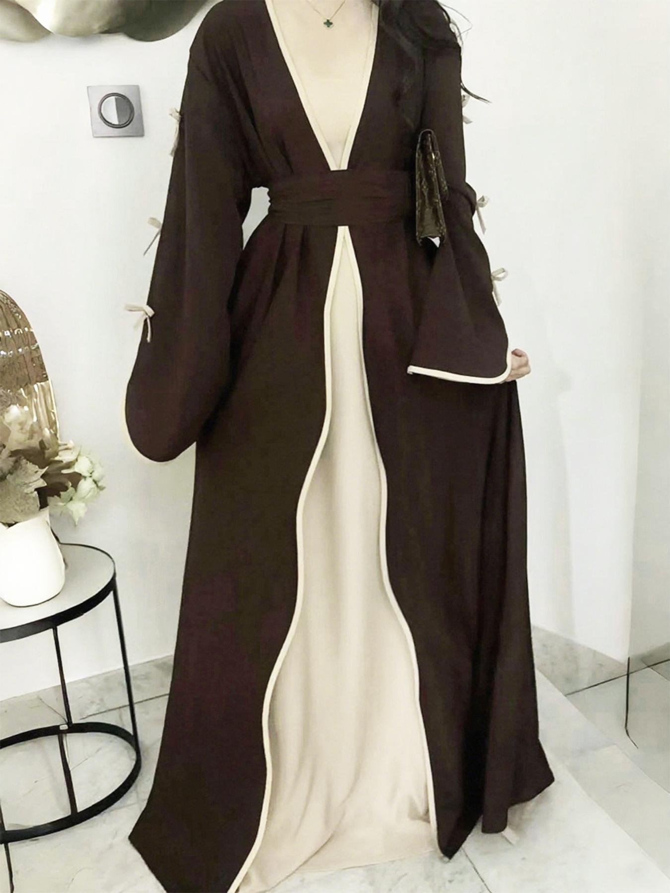 Women's Islamic Clothing Plus Size Dresses, muslims open abayas  Elegant Bow Design Bow Accent Long Dress, Soft Comfortable Casual Outerwear with Waist Belt Included, Spring & Fall Fashion