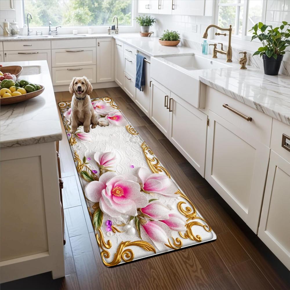1PC， Pink and White Magnolia Flowers with Gold Ornaments Patterned strip rugs, home décor, bathroom mats, entryway mats, bathroom non-slip mats, indoor entrance rugs, bedroom bedside mats, kitchen mats, hallway rugs, flannel sponge rugs