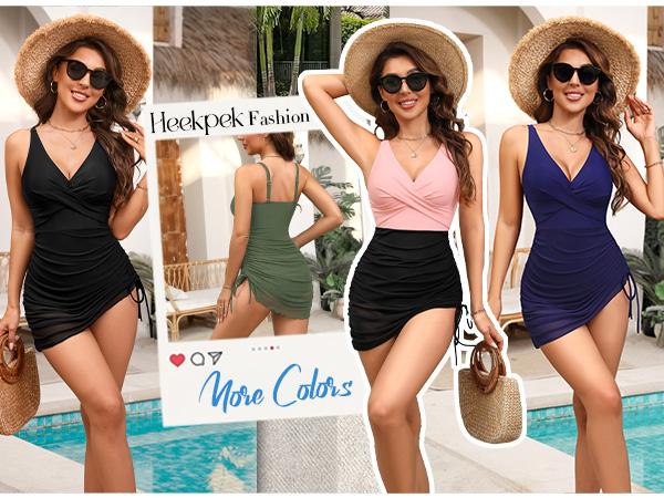 UMIPUBO Women One Piece Swimsuits Tummy Control Swim Dress Front Cross Bathing Suits Mesh Sheer Sarong Wrap Slimming Swimwear