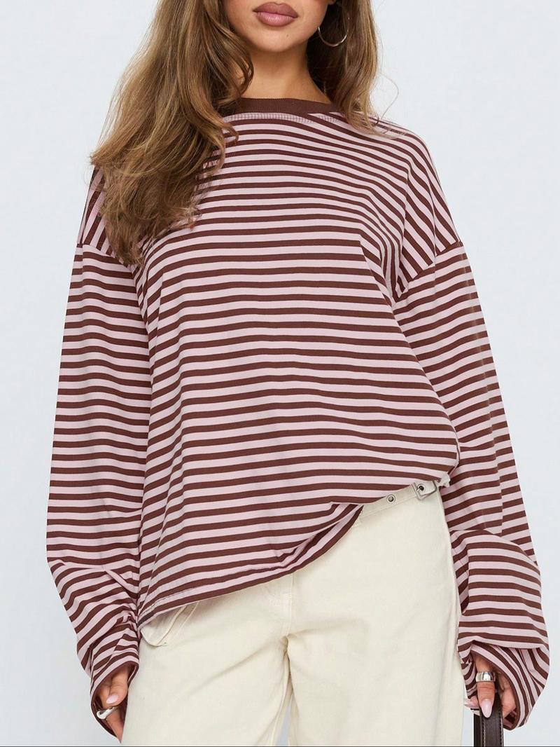 Women's Casual Loose-Fit Striped Long Sleeve Oversized Top, Trendy Street Style Round Neck Pullover