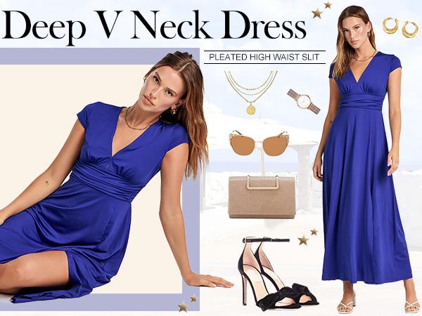 ANRABESS Women's Deep V Neck Sleeve Long Dresses Pleated High Waist Slit Club Party  Evening Maxi Dress Formal Elegant Dresses