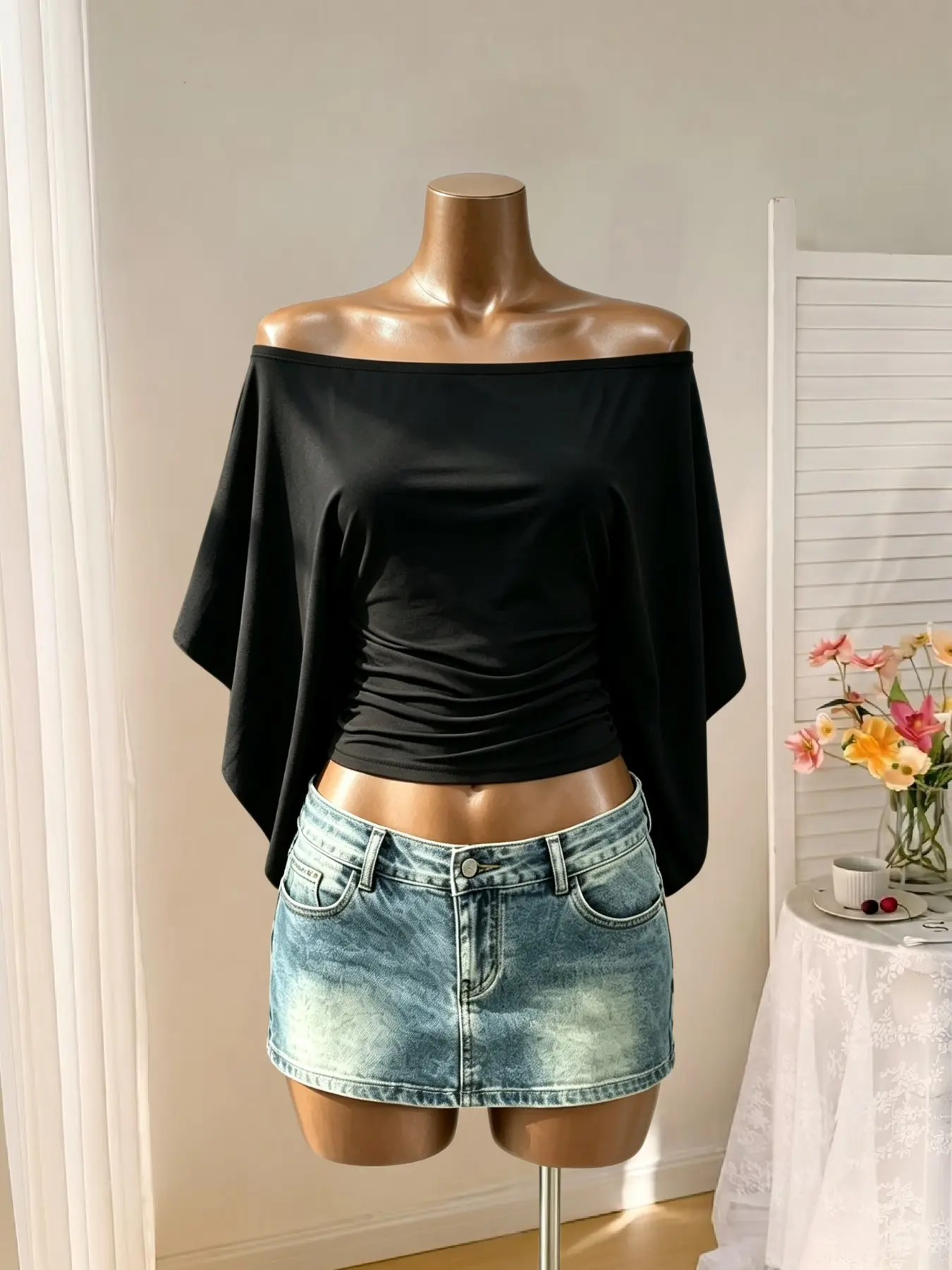 One-Shoulder Bell Sleeve Top, Busty Style Side Waist Drawstring, Summer Slimming Off-The-Shoulder Short Top, Casual Chic Plain Fit, Sleeved