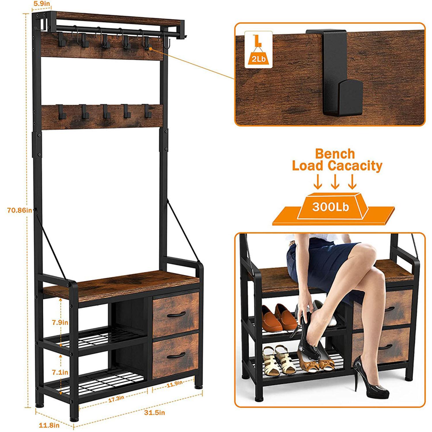 Aowos Hall Tree with Bench and Shoe Storage, 31”/39” Freestanding Entryway Storage Cabinet, 5-in-1 Coat Rack and Shoe Bench with Wall Organizer, 17 Hooks, Drawers and Shelves, Space-Saving Hall Tree for Entryway, Hallway, Foyer
