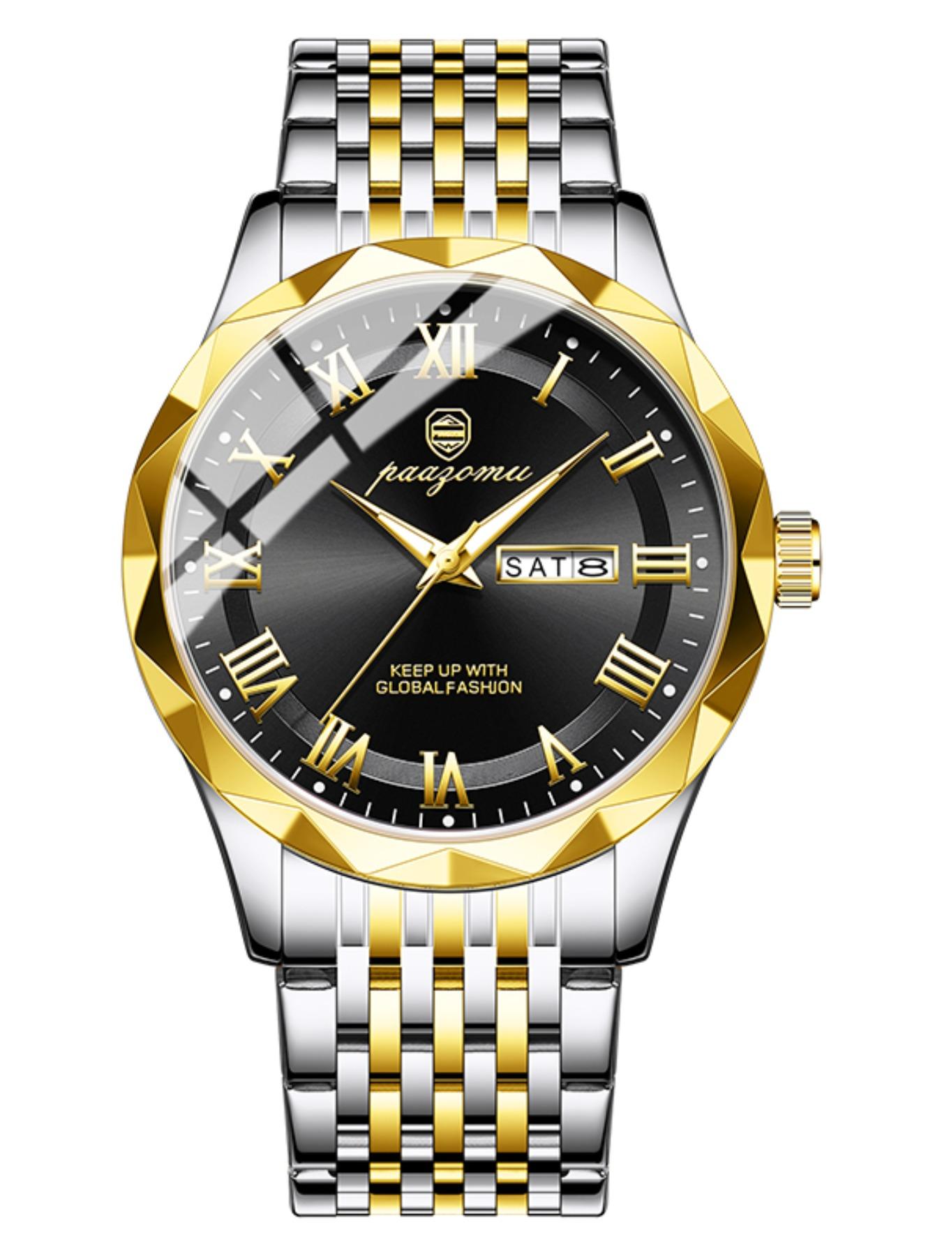 Paazomu Brand Steel Belt Dual Calendar Men's Quartz Watch 6367, Stylish Timepiece for Everyday Wear, Durable and Reliable Design