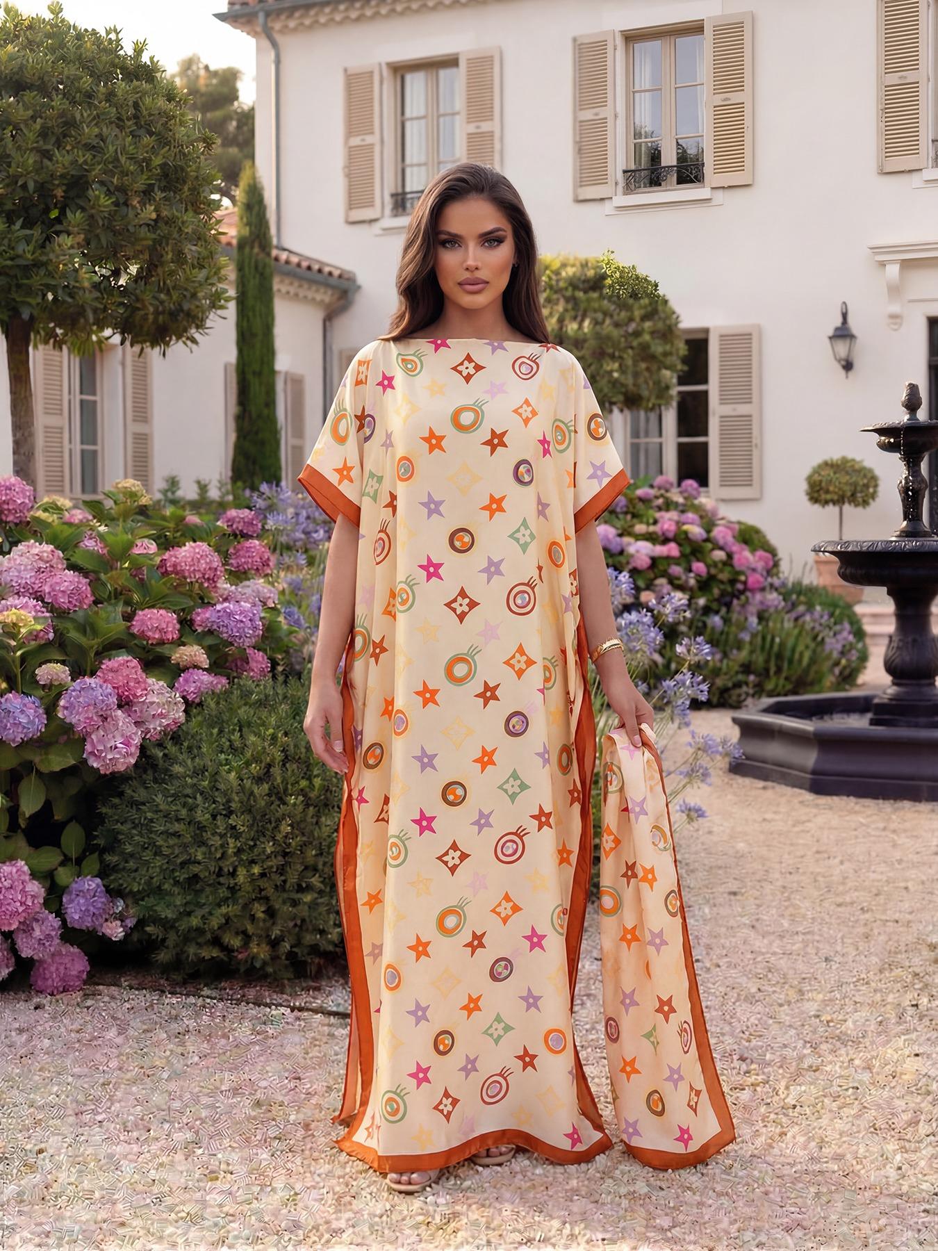 Women's Elegant Chic Geometric Print Robe Set, Long Dress & Scarf Shawl, Beach Sun Protection Satin Silk Matching Set