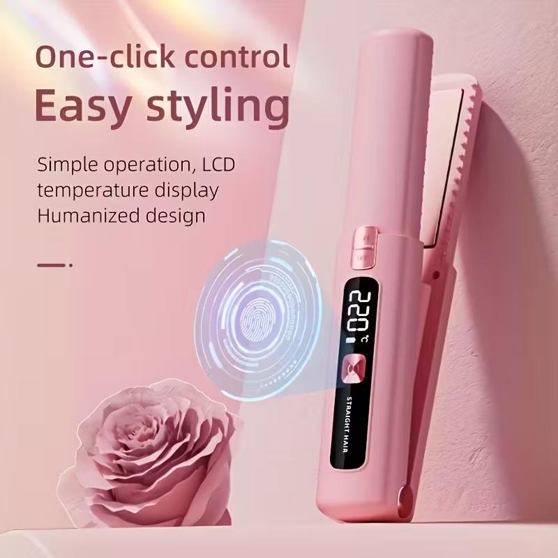 Mini Two-In-One Wireless Straightener and Curler, Portable Hair Straightener, Cordless Hair Straightener, USB Rechargeable 4500mah Battery, Anti-Scald Design, Ionic Hair Care, LCD Display, Cordless Styling