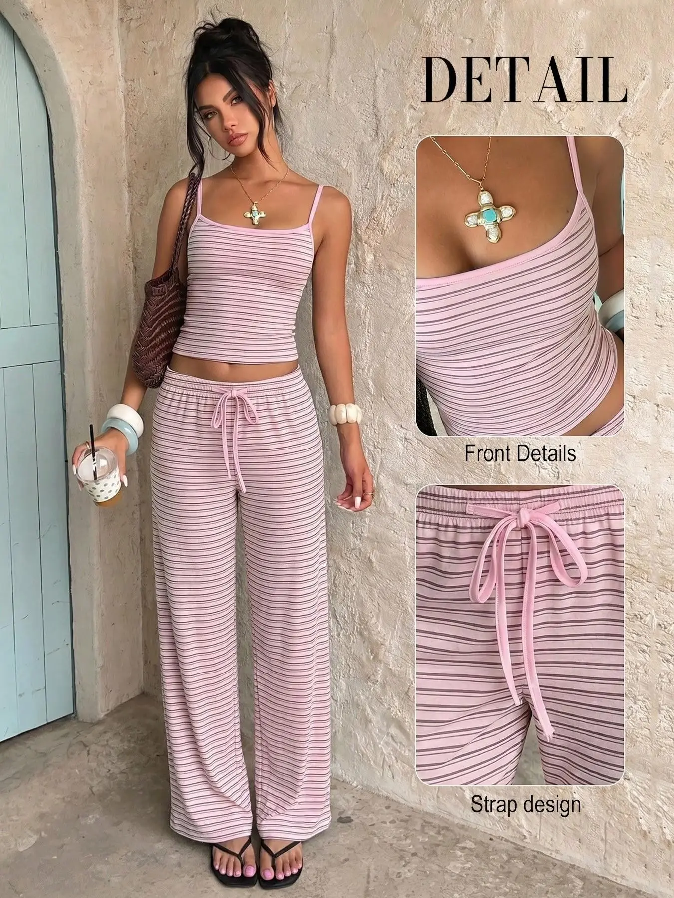 Y2K Soft Stretchy Knit Striped Beach Vacation Loungewear Drawstring Waist Cami Crop Top Wide Leg Pants Two Piece Matching Set, Casual Daily Holiday Outfit, Breathable Loose Fit Summer Women Sleepwear Going‑out Co‑ord Sets, Streetwear Beach Weekend Relax F