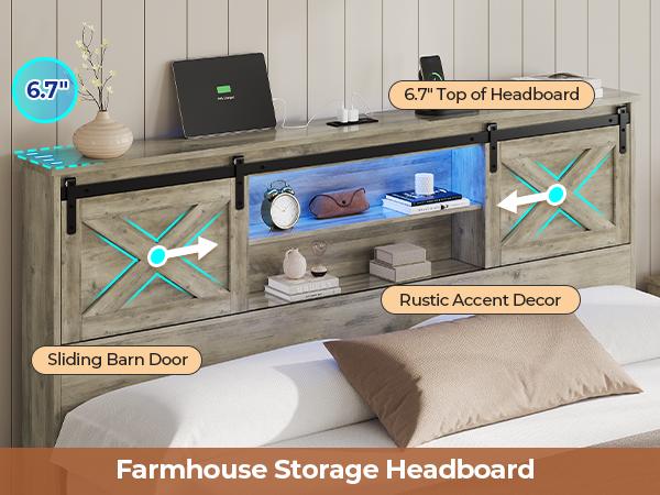 Hasuit Farmhouse Bed Frame King Size with 4 Storage Drawers, Wooden Platform King Beds with Charging Station and LED Lights, Rustic Bed with Storage Headboard and Sliding Barn Door
