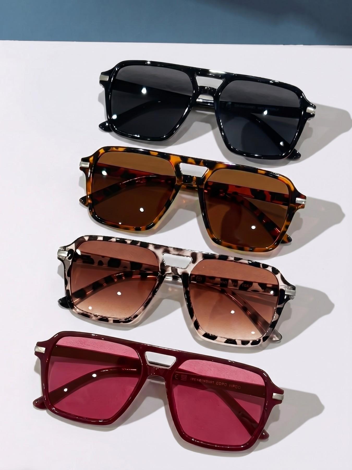 4 Pairs Multicolor Fashion Trendy Casual PC Frame Sunglasses, Dual Bridge Pilot Square Eyewear, Retro Hong Kong Style, Ideal for Daily Commute, Street Photography, Vacation Photoshoots and Dates