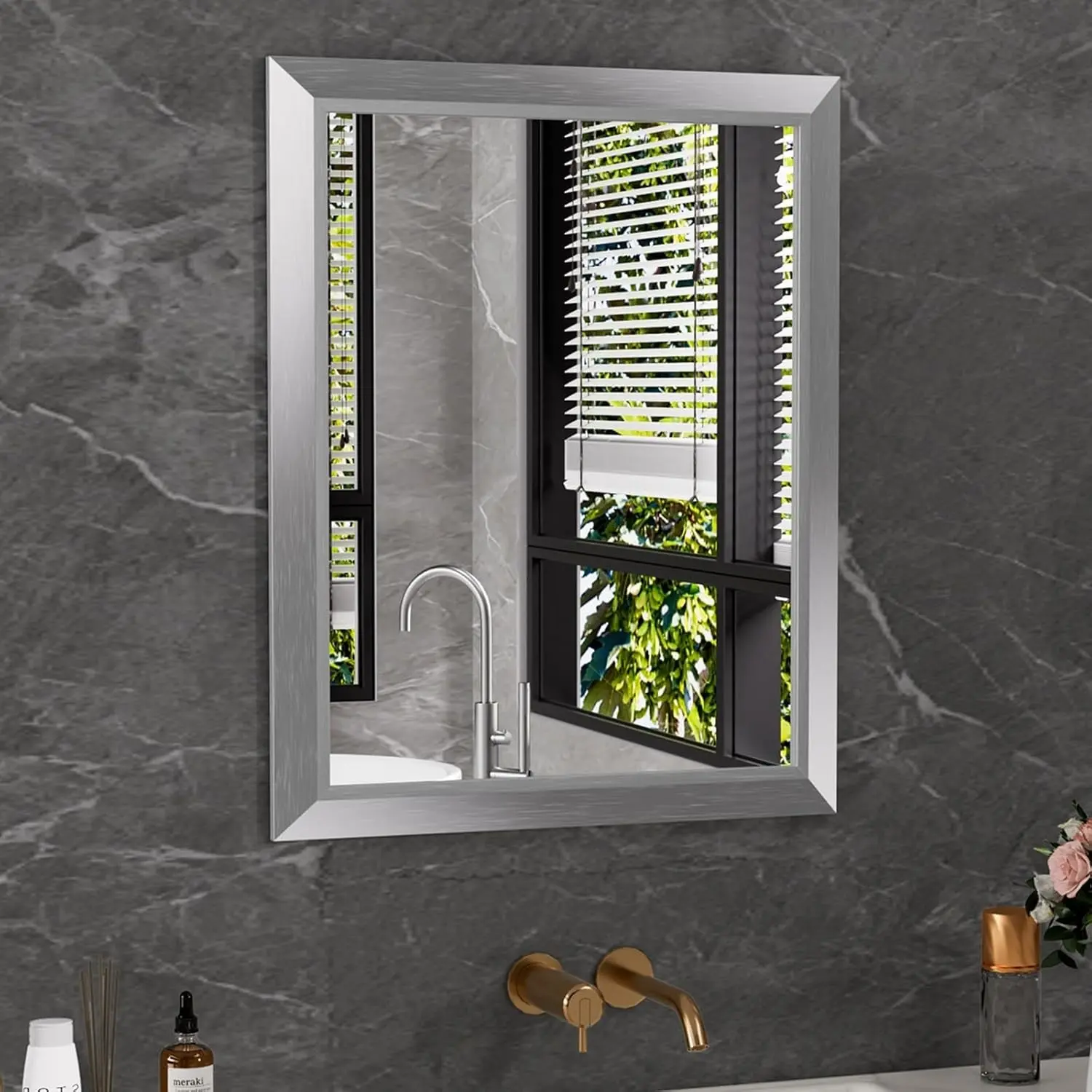 Bathroom Mirror for Wall, 24x30 Inch (Brushed Silver) | HD Reflection, Tempered Glass, Thick Metal Framed Rectangle Mirrors for Over Sink, Bedroom, Living Room, Entryway, Anti-Rust
