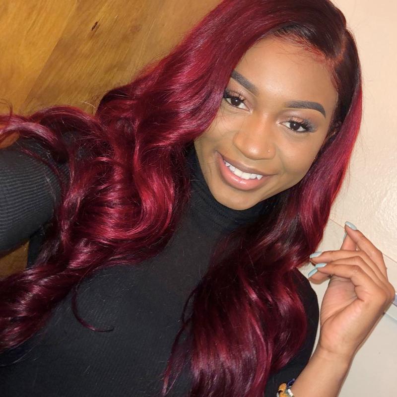 T1b/99j Color Glueless Body Wave Brazilian Human Hair Wigs For Women 5×5 Glueless Lace Wig Suitable for Beginners in Wigs Black Wine Red Gradient Wig