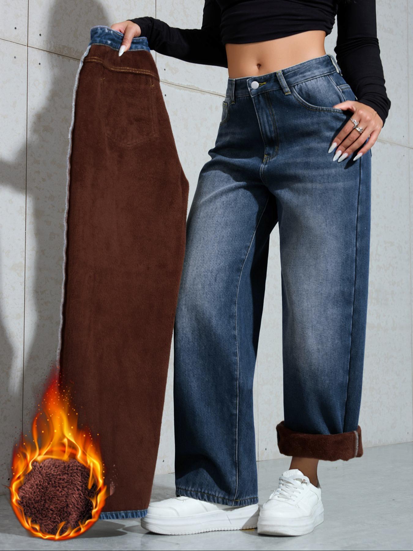 Women's Vintage Fleece Lined Thick Denim Jeans, Fall & Winter Fashion Wide Leg Straight Fit Pants, Elegant Plain Woven Fabric
