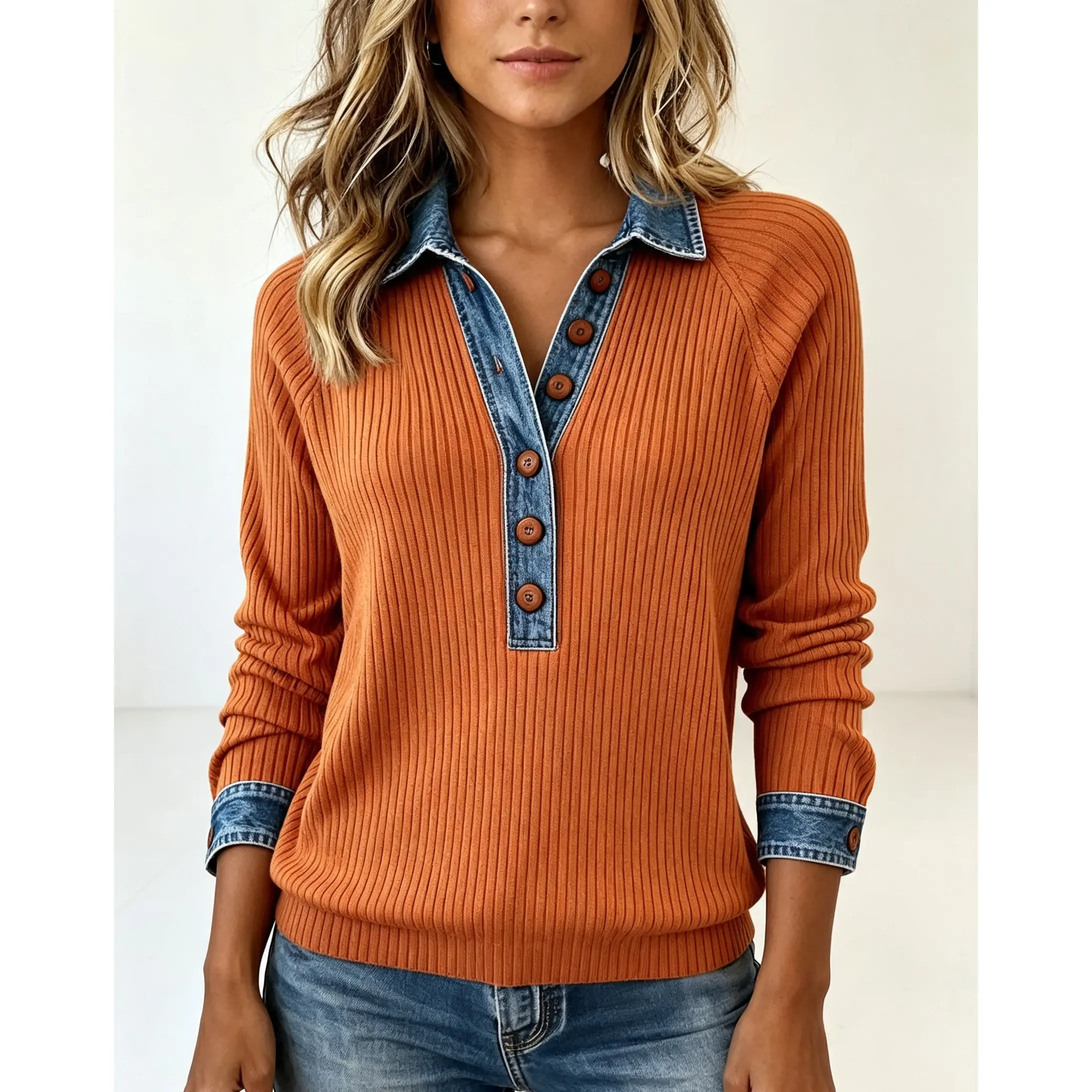 Women's Collared Denim Patchwork Oversized Ribbed Knit Pullover, Long Sleeve Casual Crew Neck Vintage Y2K Streetwear Top, Comfortable Breathable Chic Womenswear Knitwear