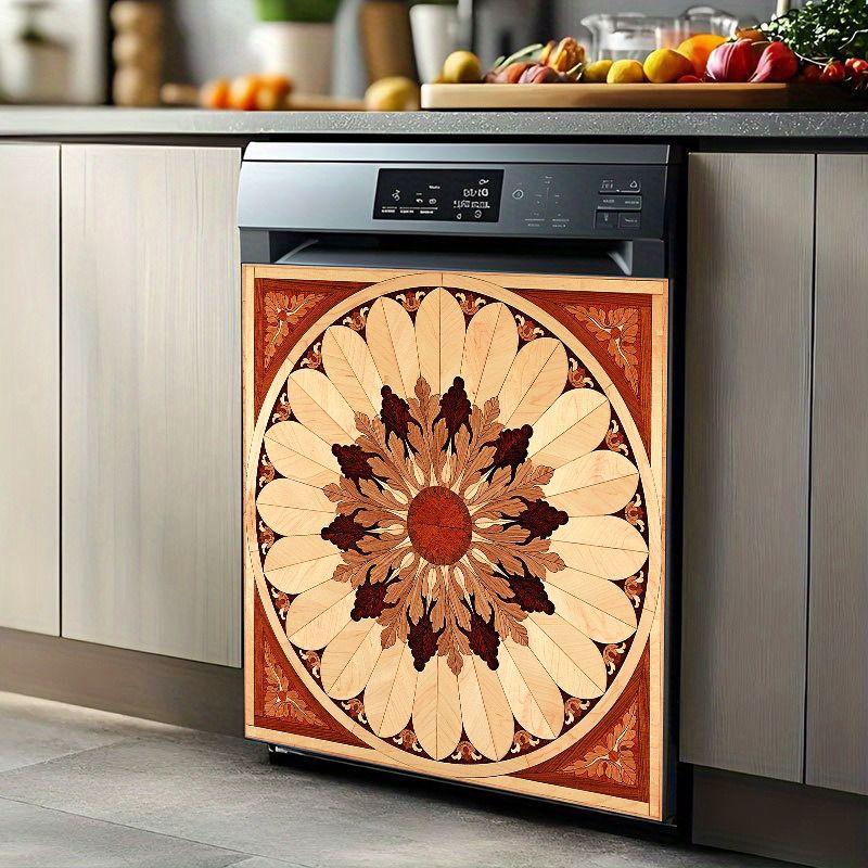 2D Flat 2Pcs Dishwasher Front Panel Cover Decal Sticker Wooden Mandala Sunburst Pattern Kitchen Appliance Decorative Stickers Waterproof PVC Home Decor for Refrigerator Washing Machine Furniture Makeover Boho Rustic Style