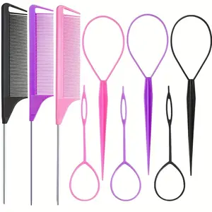 9pcs Hair Tail Tool Set, French Braiding Tools, Metal Split Comb, Hairstyling Kit, Includes Ring and Mouse Tail Comb