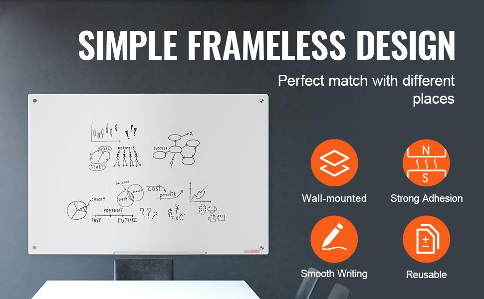 VEVOR Magnetic Glass Whiteboard, Dry Erase Board 48x32, Wall-Mounted Large White Glassboard Frameless, with Marker Tray, an Eraser and 2 Markers, White VEVOR Magnetic Glass Whiteboard, Dry Erase Board 48x32, Wall-Mounted Large White Glassboard Frameless, with Marker Tray, an Eraser and 2 Markers, White