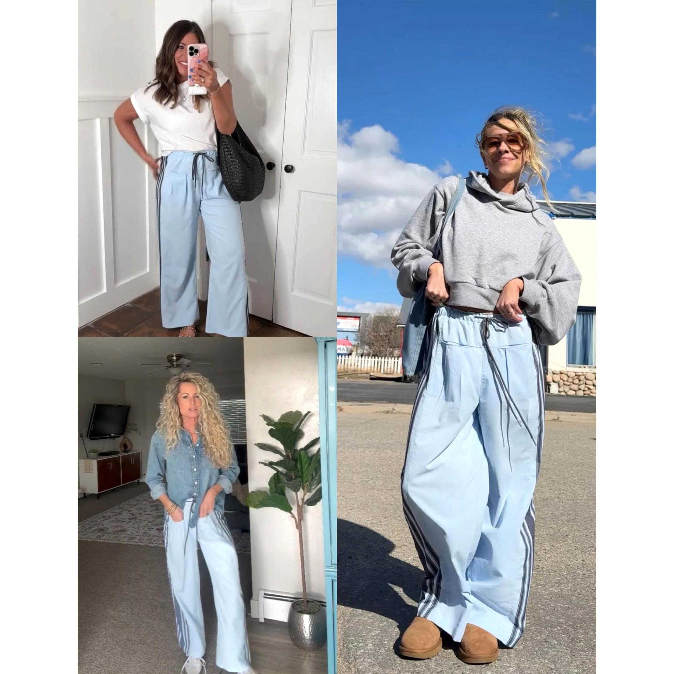 Buenoble Women's Wide Leg Side Stripe Pants Loose Fit High Waist Drawstring Track Pants Casual Streetwear Joggers