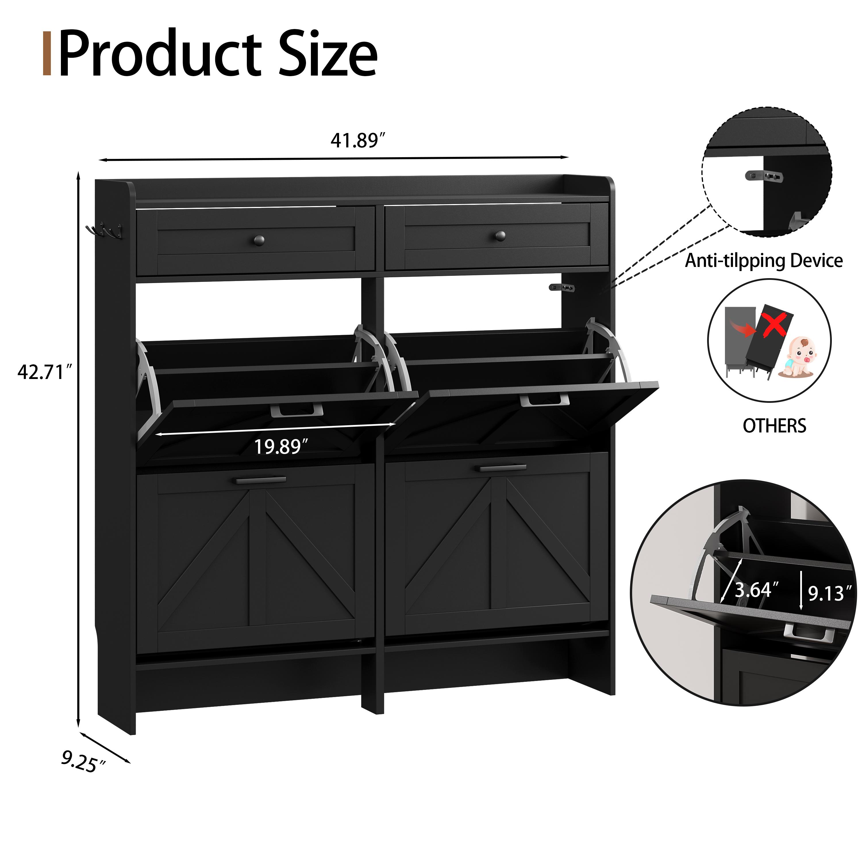 Shoe Storage Cabinet for Entryway, Farmhouse Wide Shoe Cabinet with 4 Flip Drawers and 2 Top Drawers, Freestanding Organizer with Adjustable Shelves, Hooks, and Anti-Tip Kit for Hallway