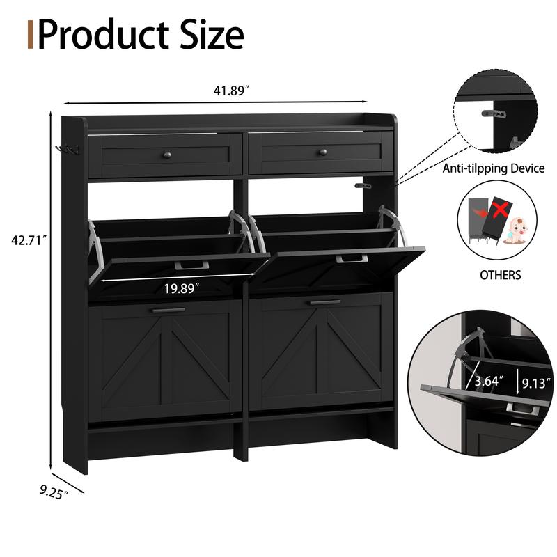 Shoe Storage Cabinet for Entryway, Farmhouse Wide Shoe Cabinet with 4 Flip Drawers and 2 Top Drawers, Freestanding Organizer with Adjustable Shelves, Hooks, and Anti-Tip Kit for Hallway