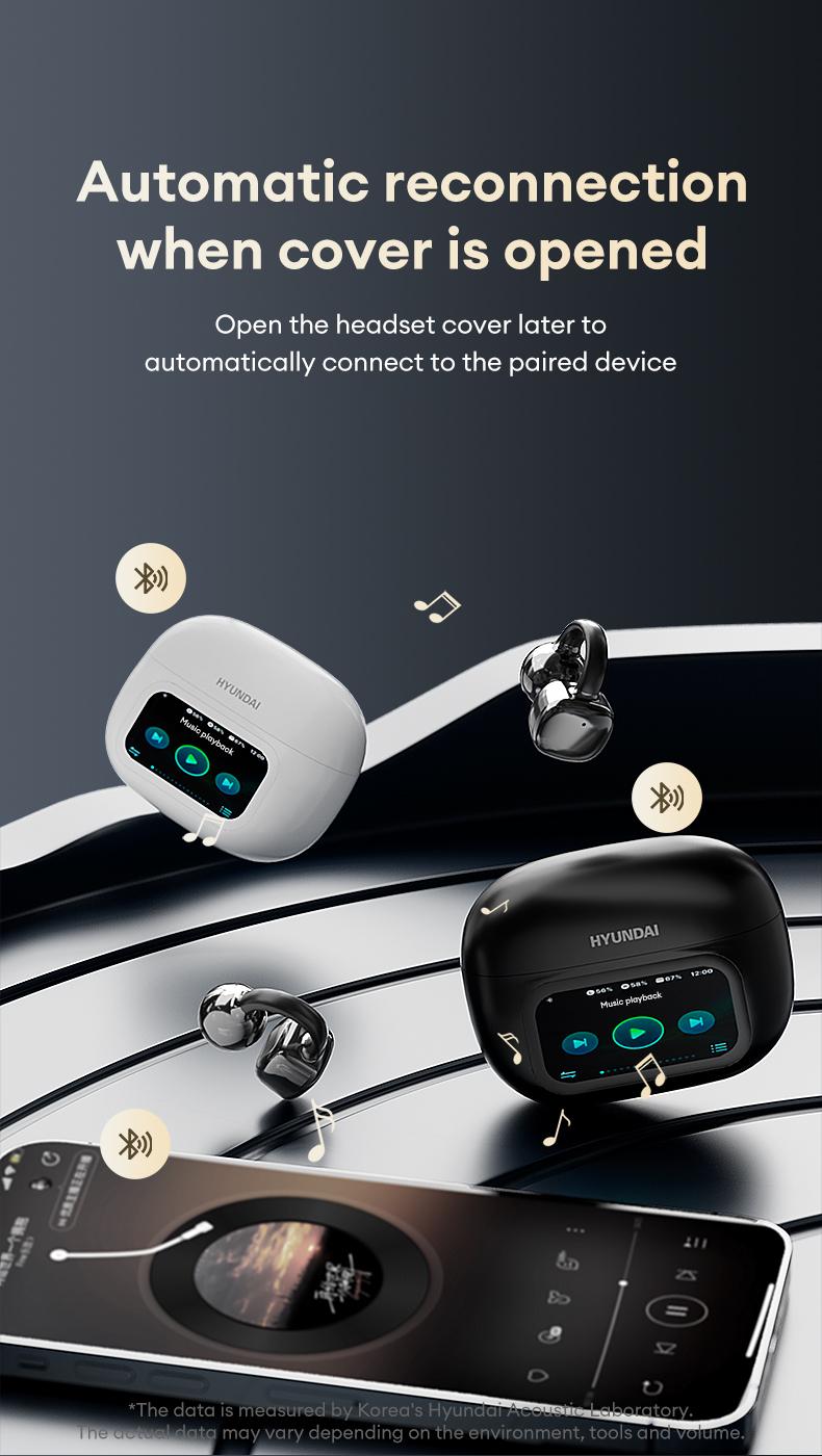 HYUNDAI C02 Clip On Ear Headphones with LCD Full Color Touch Screen, Audio Wireless Headphones for Music & Phone Calls, Compatible with Android & iOS