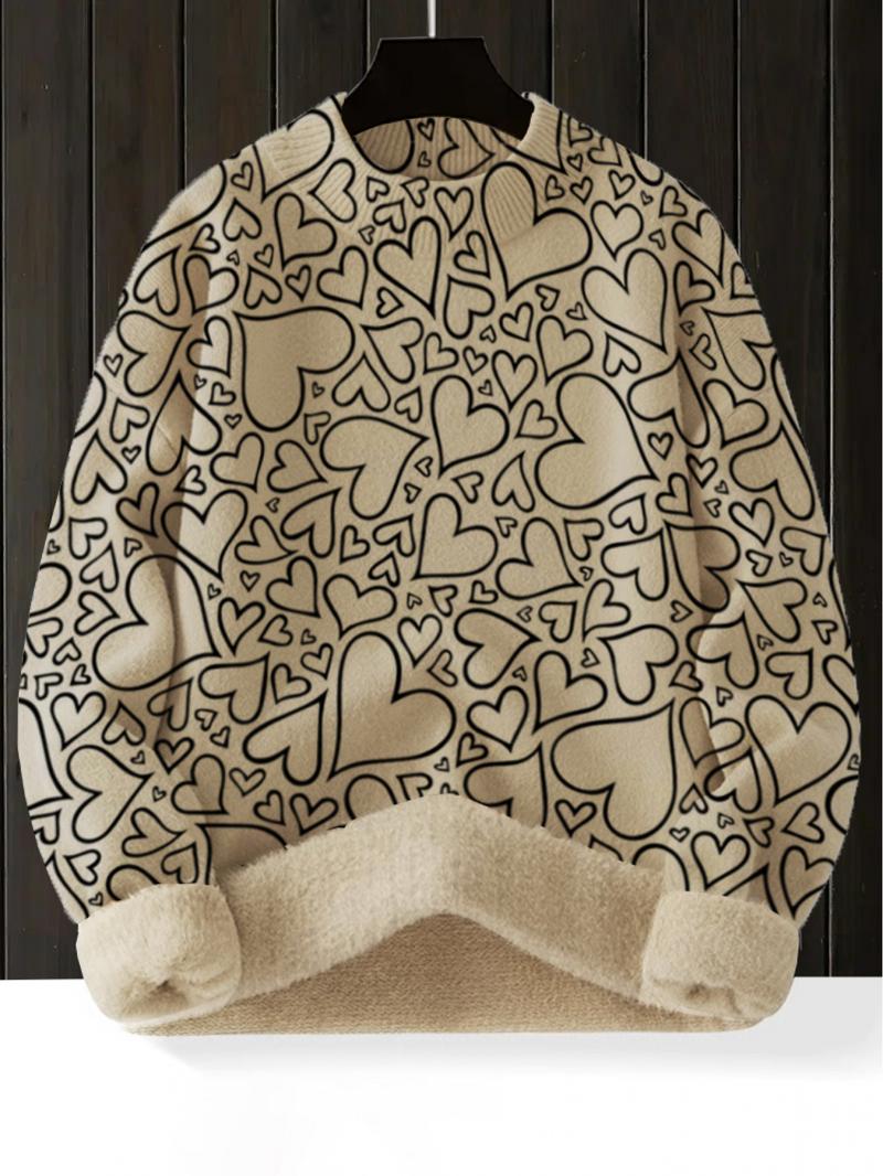 Women's Heart Print Stand Collar Sweater, Fall Winter Casual Long Sleeve Knitwear, Comfortable Warm Fitted Top for Daily Wear