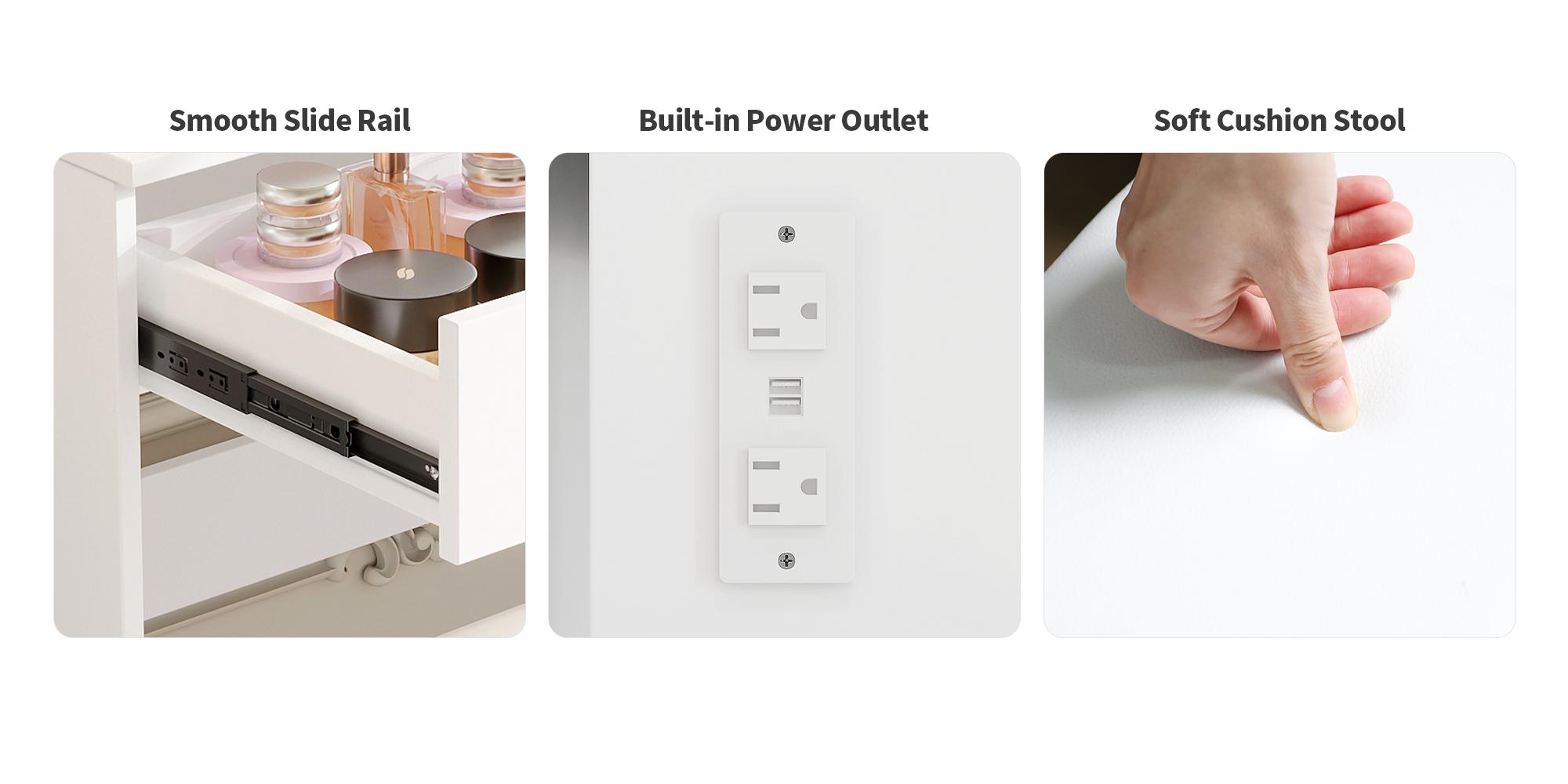 VOWNER 47" Makeup Vanity Desk with Power Outlet, Storage Shelves and 6 Drawers, Makeup Desk with Stool for Women Girls