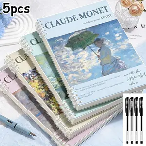 5-Piece Set Includes Spiral Notebook + 4 Pens, Oil Famous Painting Style Loose-Leaf Notebook, A5/b5 Size, 60 Pages, Detachable Binding