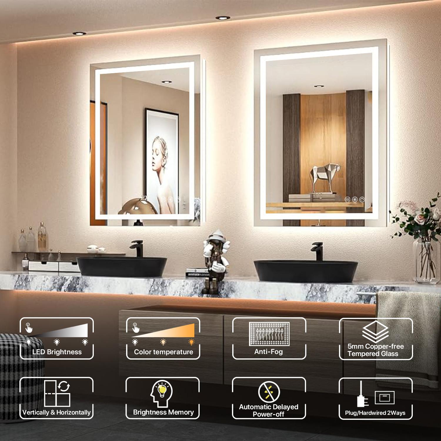 GLITGATE LED Bathroom Mirror With Lights Stepless Dimmable Brightness 3-Colors options Anti-Fog Memory function Smart Mirror Touch Sensor LED Mirror For Bathroom Wall Mounted Horizontal/Vertical