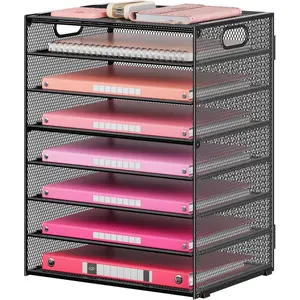 8 Tier Paper Organizer for Desk, Black Mesh Letter Tray File Sorter Organizers with Handles, Including 5 Adjustable Slid Trays for Office School Classroom Supplies Organization and Storage