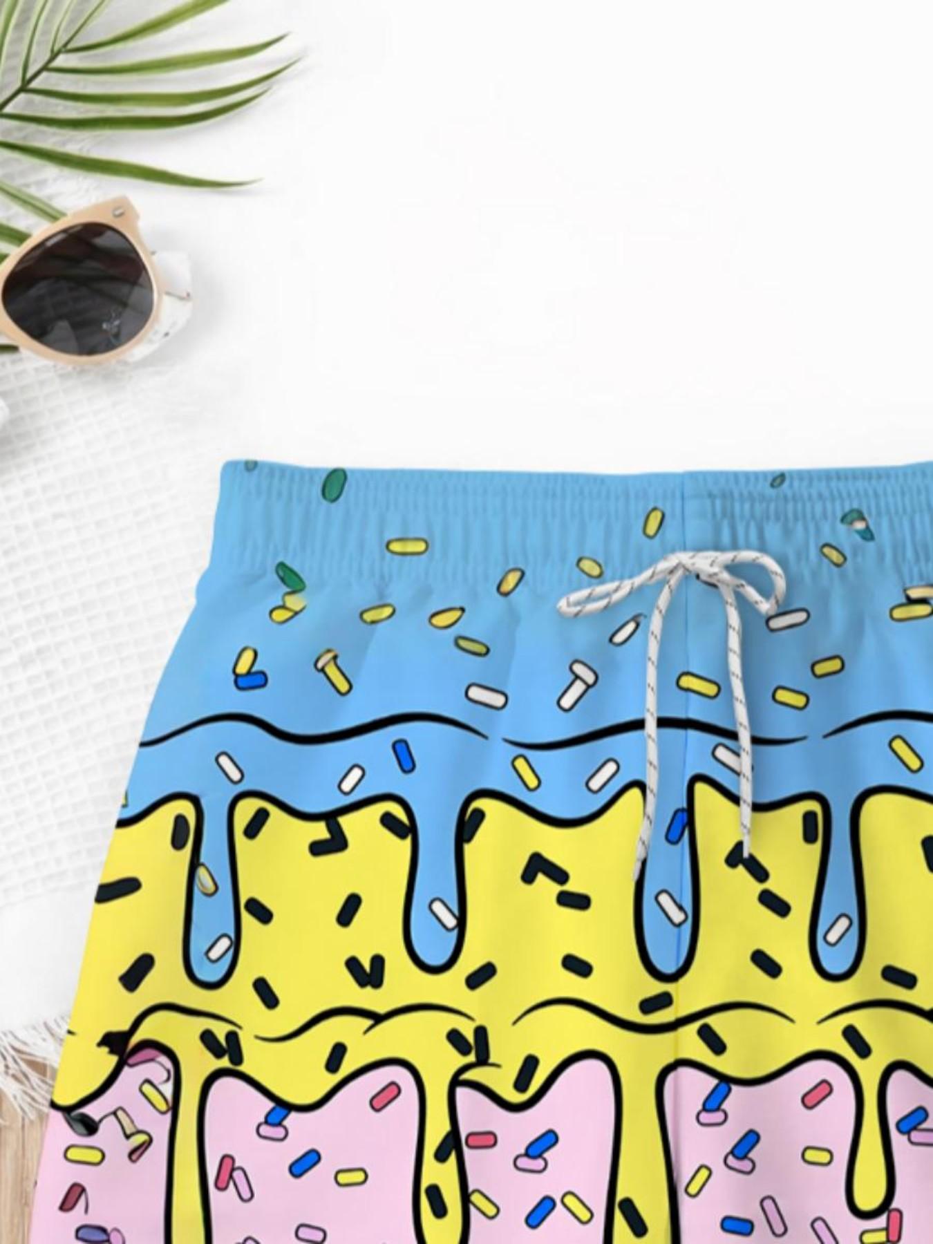 Summer Boys' Ice Cream Melted Candy Print Drawstring Beach Pants, Kids Loose Fun Trendy Swim Shorts, Casual Cartoon Pattern