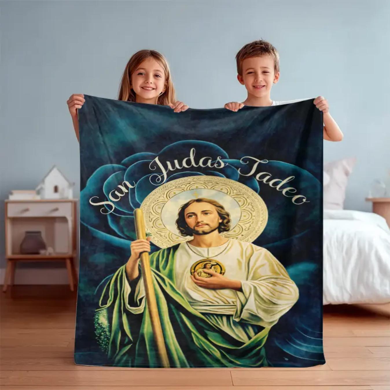 Blessed San Judas Tadeo Art Flannel Blanket Soft Fleece Throw Blanket for Bed Sofa Couch Cozy Warm Faith Inspired Religious Prayer Blanket Lounge Essential Home Decor Gift for Birthday Christmas Easter