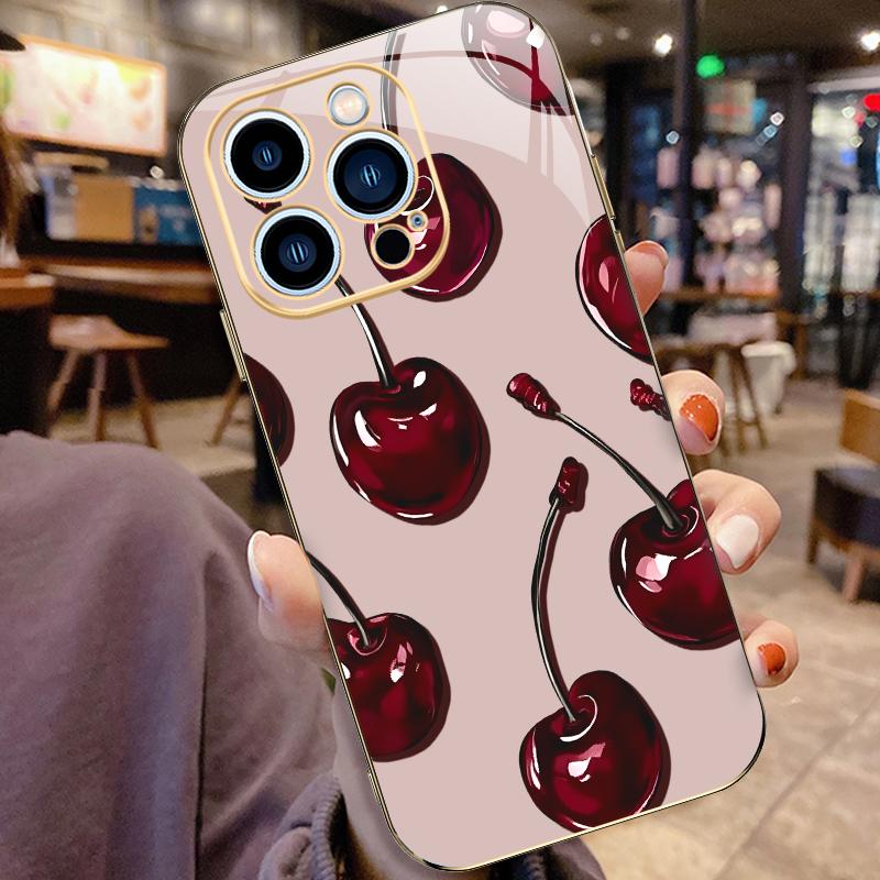 Vintage Cherry Coquette Phone Case – Glossy Dark Fruit Aesthetic, Gold Edges, Soft Cover for iPhone 13 Pro Max — 975