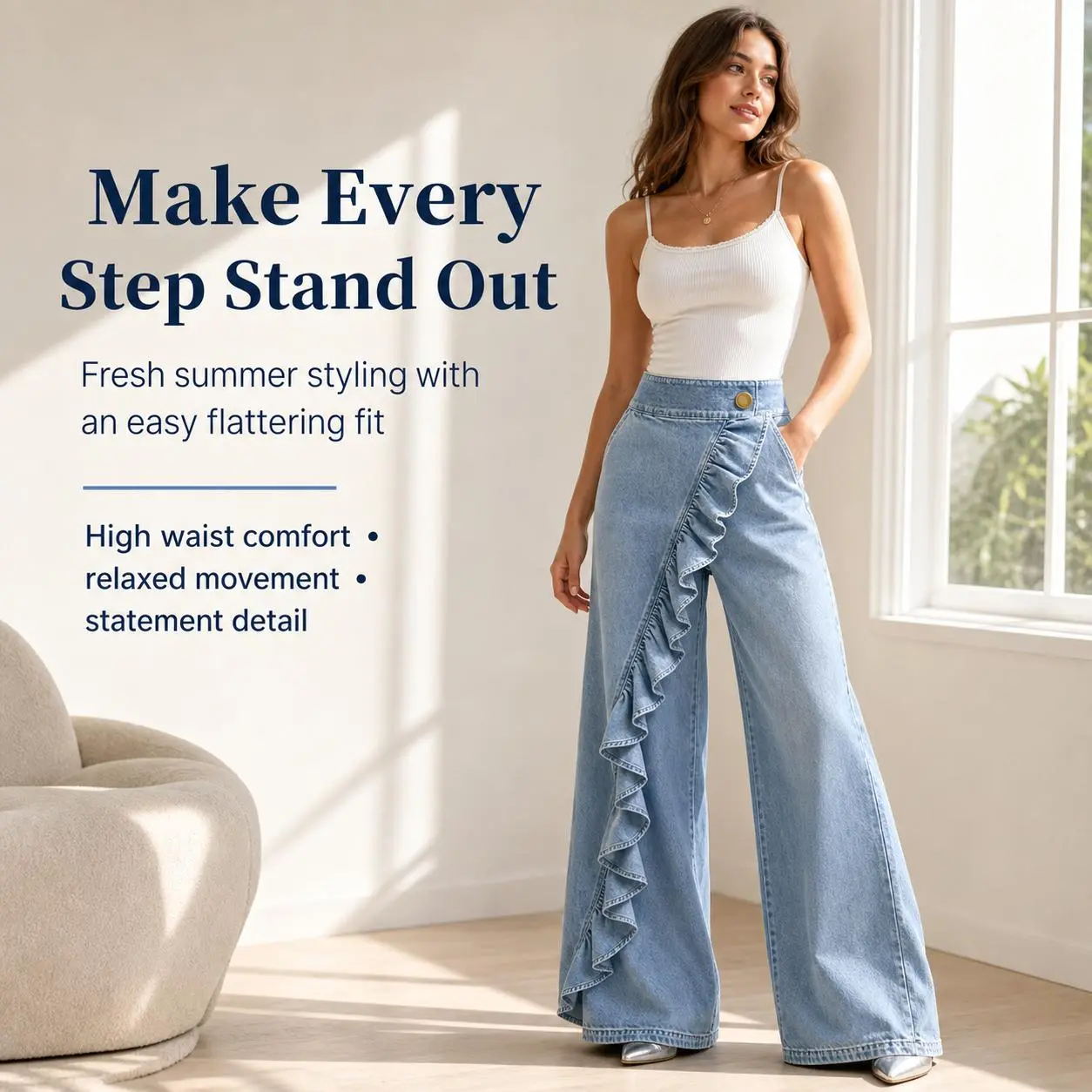 Women Light Wash Asymmetric Ruffle Wide Leg Jeans, High Waist Wrap Front Floor Length Casual Denim Trousers