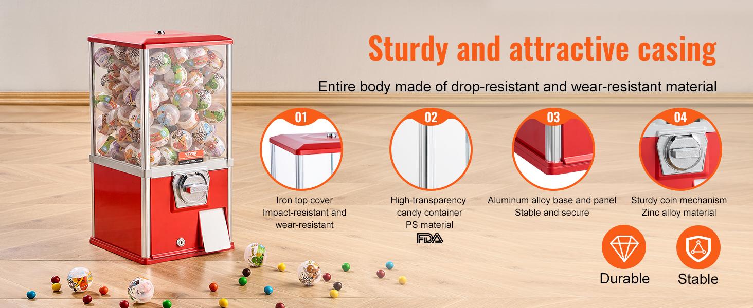 VEVOR Gumball Machine for Kids, 21 Height Home Vending Machine, PS Bouncy Balls Dispenser, Hold 180 Capsule Toys, Rectangle Bubble Gum Machine for Game Stores, Coin Operated Gumball Bank, Red