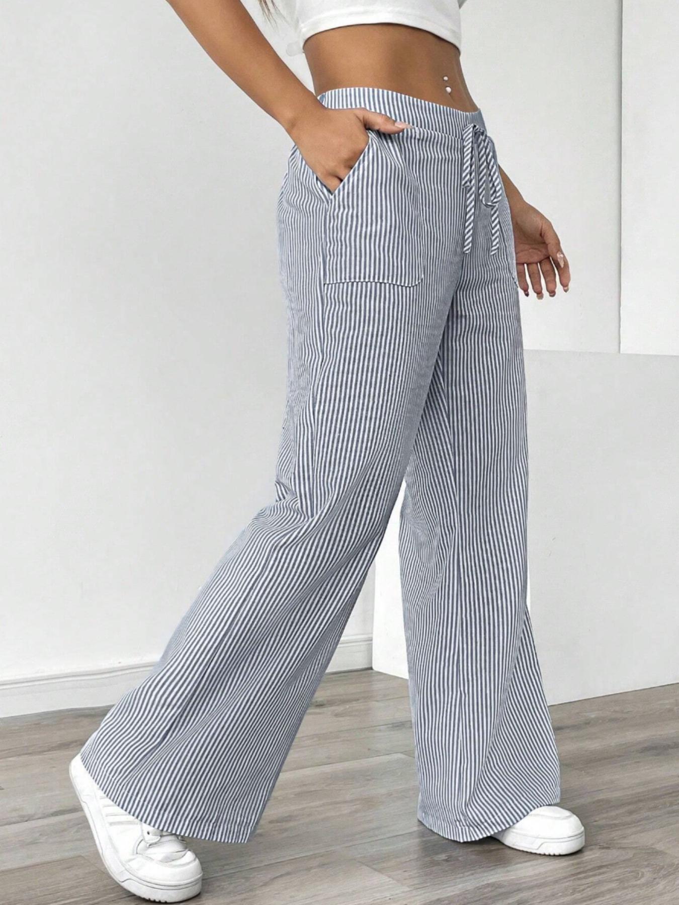 Women's Striped Wide Leg Pants, Casual Elastic Waist Home Wear, Fitted Long Regular Fit, Natural Waist, Stripe Pattern, Casual Fashion Pants