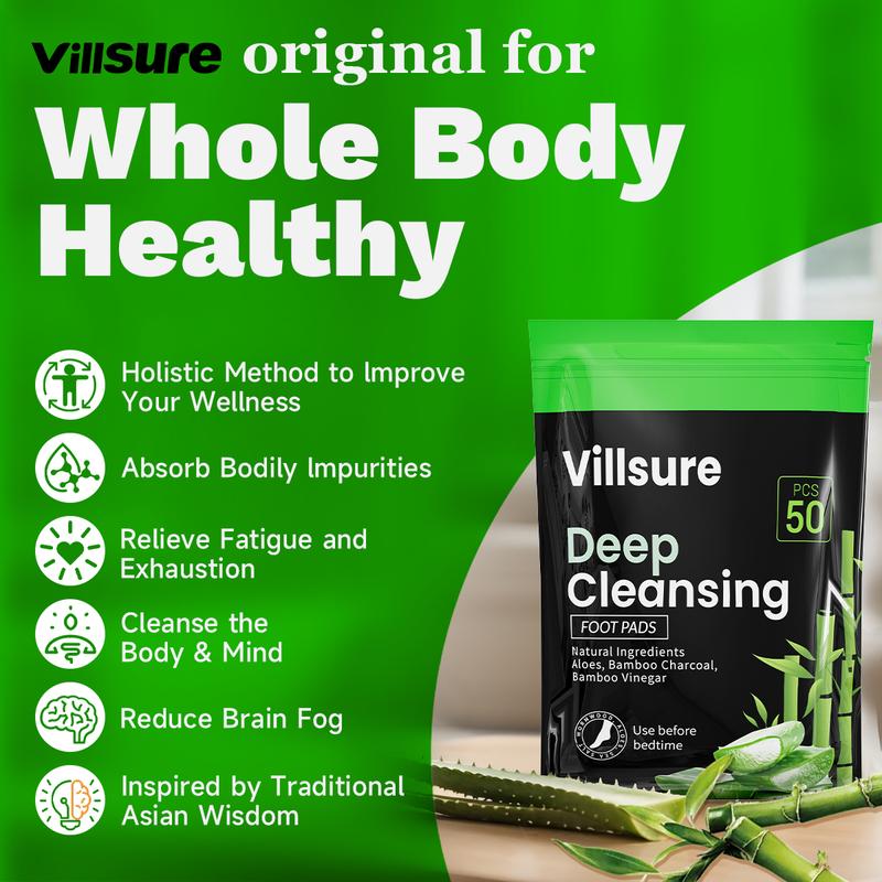 Villsure Deep Cleansing Foot Pads Foot Care With 50 Patches,Natural Aloes,Sea salt,Tourmaline,Herbal Foot Detox Patches For Foot Care,Adhesive Sheets, lmprove Sleep Quality,Relieve Fatigue and Exhaustion,Cleanse the Body & Mind,Bamboo Detox