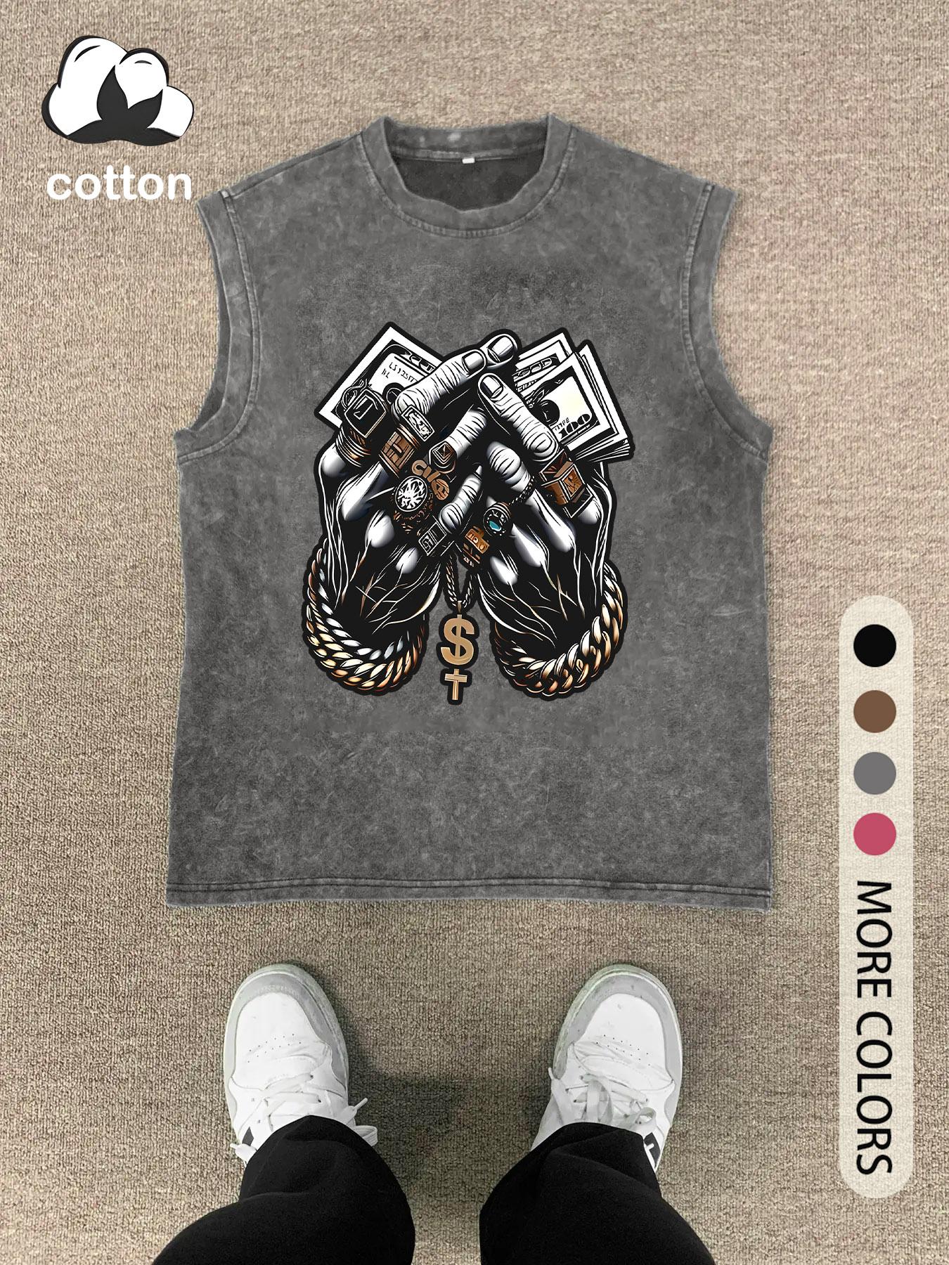 Men's Vintage Graphic Print Round Neck Tank Top, Soft Knit Regular Fit Casual Fashion Sleeveless Fitted Top for Summer, Men's Clothes for Daily Wear, Socks