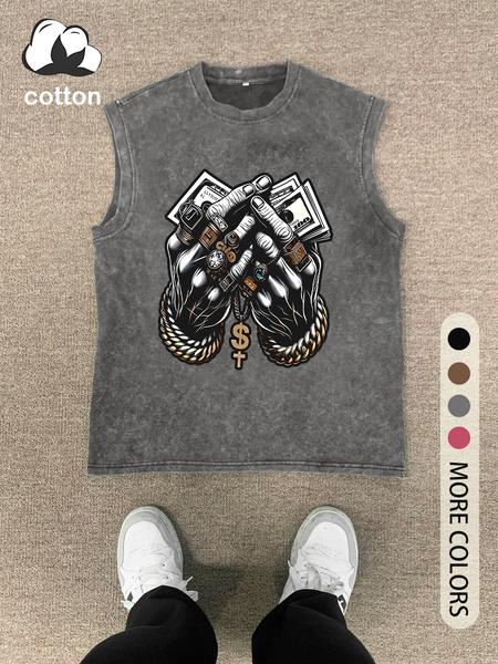Men's Vintage Graphic Print Round Neck Tank Top, Regular Fit Casual Fashion Sleeveless Top for Summer, Men's Clothes for Daily Wear, Socks