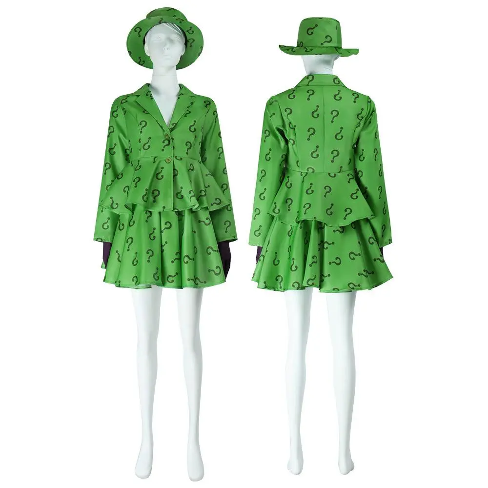 Anime Riddler Cosplay Costume Gotham Green Coat Skirt Carnival Halloween Cosplay Hat Riddler Customized Clothes Accessories