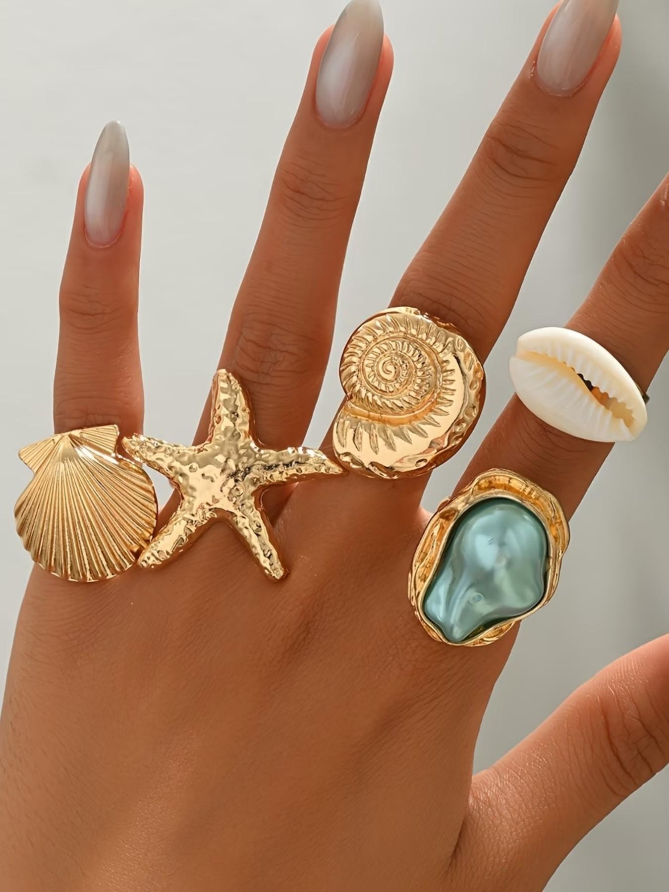 5pcs French-Style Baroque-Inspired Rings, Vintage Starfish Conch Seashell Designs, Elegant Accessories for Women, Daily Wear or Vacations