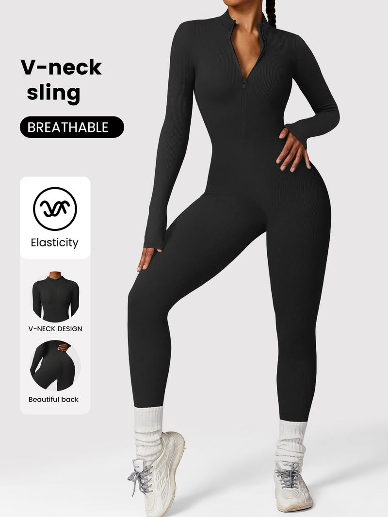 Women's Solid Color Zipper Long Sleeve Jumpsuit, Casual Sporty Comfortable One-Piece, Perfect for Yoga Gym Exercise, All Seasons Women's Sports Wear, Workout Jumpsuit