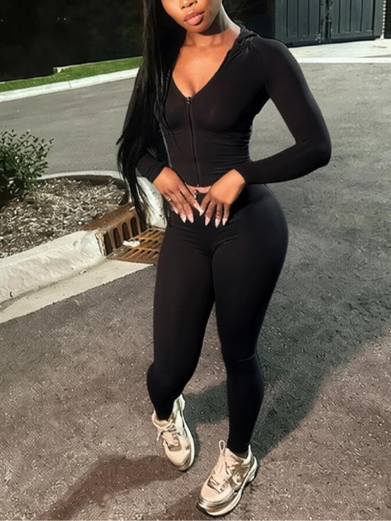 Women's Solid Color Zipper Jacket and Tight Pants Set, Casual Long Sleeve Hooded Outerwear and Pants, All Season Sportswear, Yoga Clothes Set