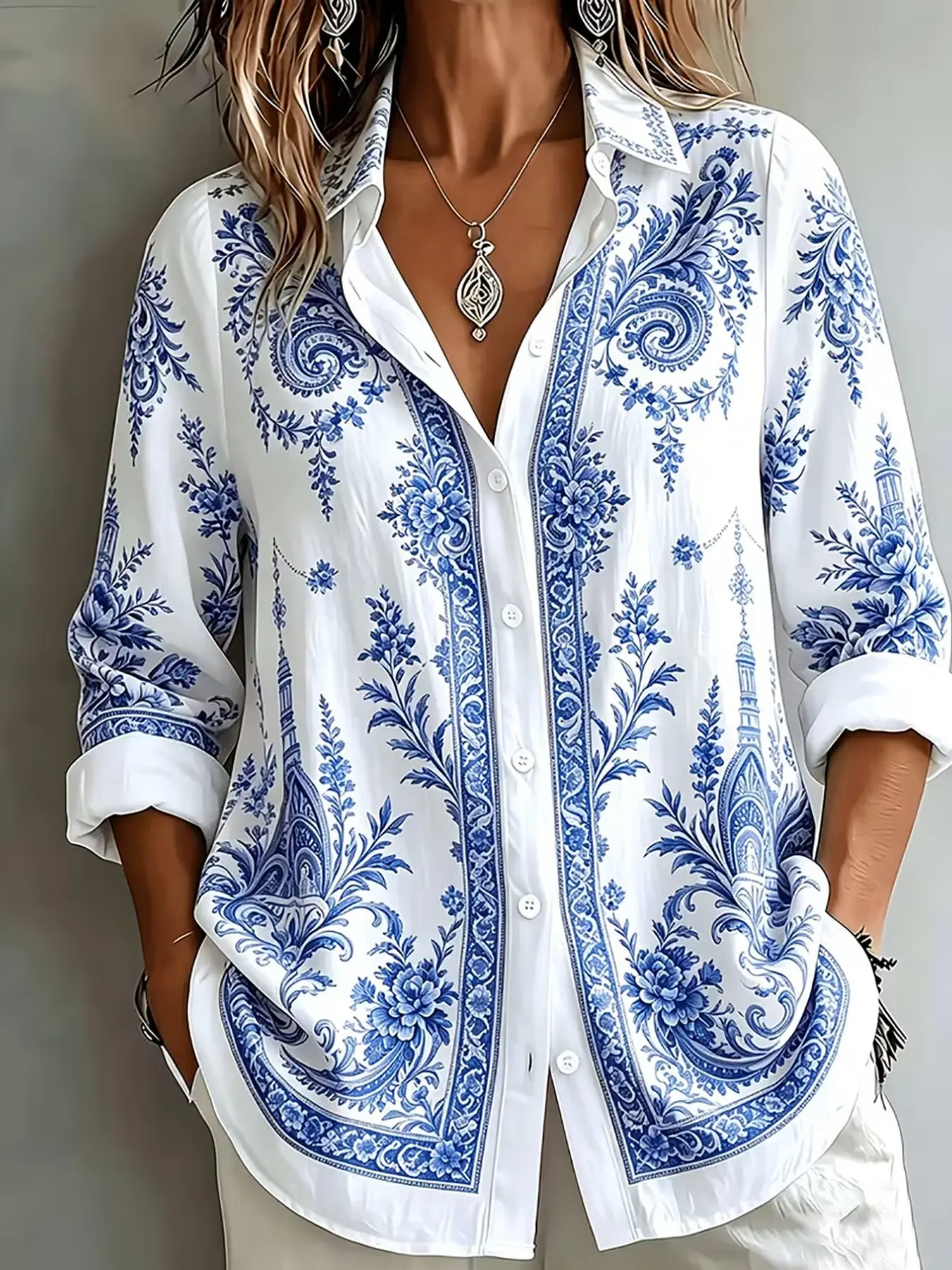 Boho Blue Floral Print Women's Plus Size Casual Fashion Long Sleeve Shirt, Comfortable and Stylish Top for Everyday Wear