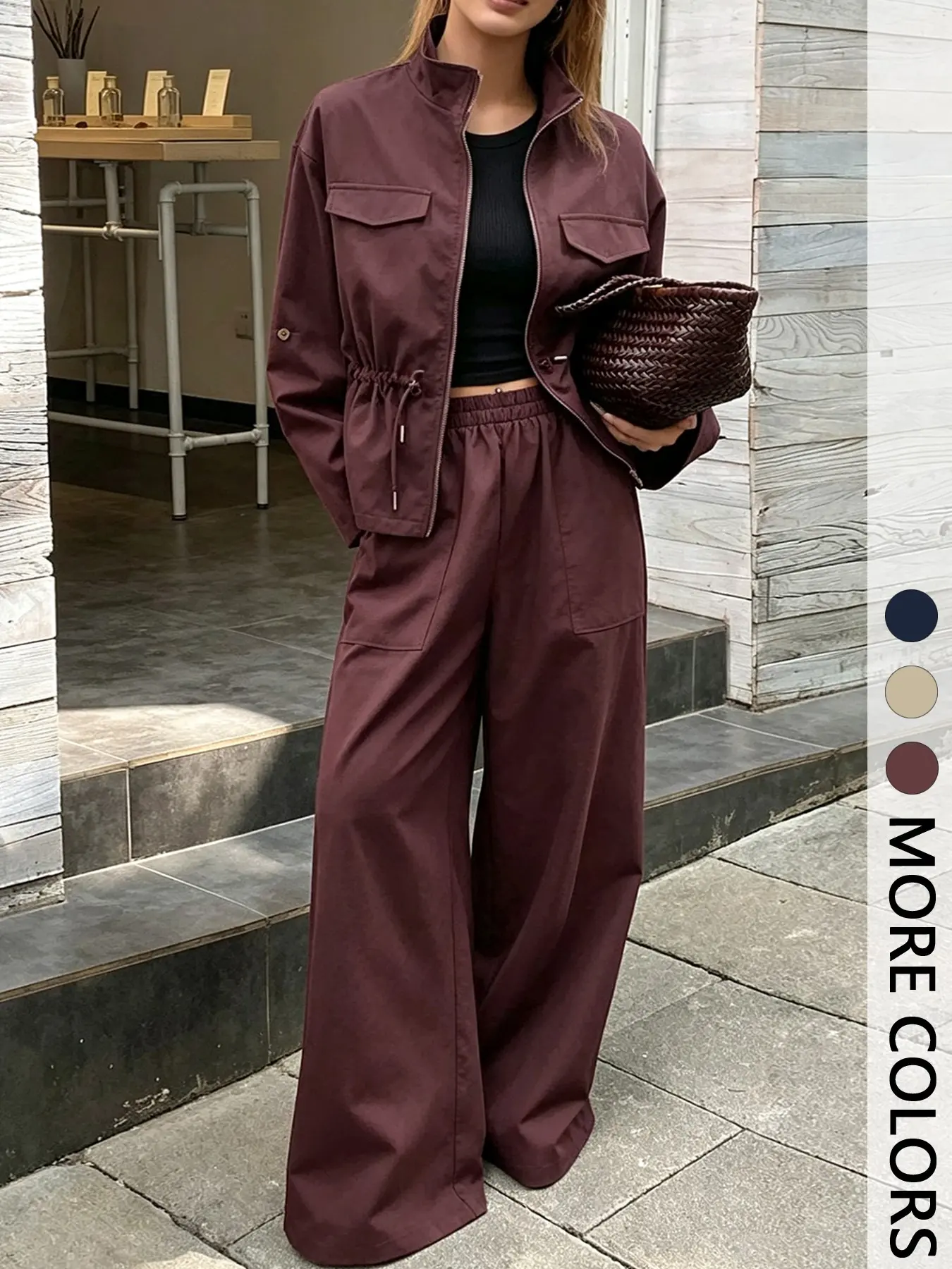 Women's Stand-Collar Workwear 2-Piece Set, Short Jacket with Drawstring Waist and Pockets, Wide-Leg Pants, Vintage Casual Daily Wear
