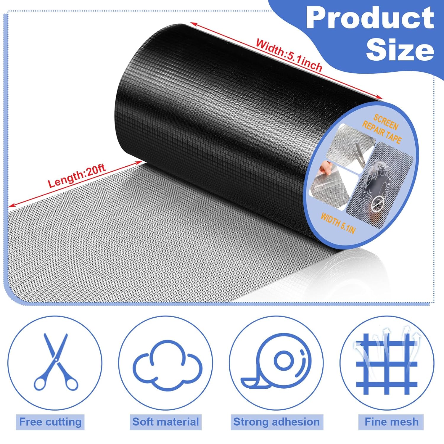 Extra Wide 5 inch x 20 ft Window Screen Tape Mesh Repair  Adhesive  Fiberglass Screen Repair Kit Patch for Window Door Tears Holes(Black)