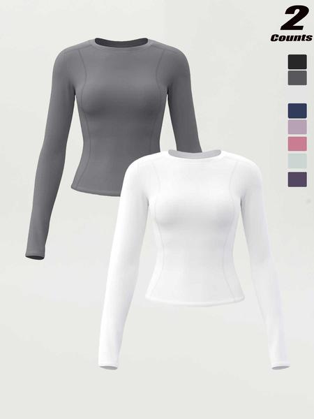 New Spring Autumn Women's Slim-Fit Long Sleeve T-Shirt, Casual Round Neck Yoga Top, Running Fitness Shirt, Athletic Yoga Shirts, All Seasons Wear