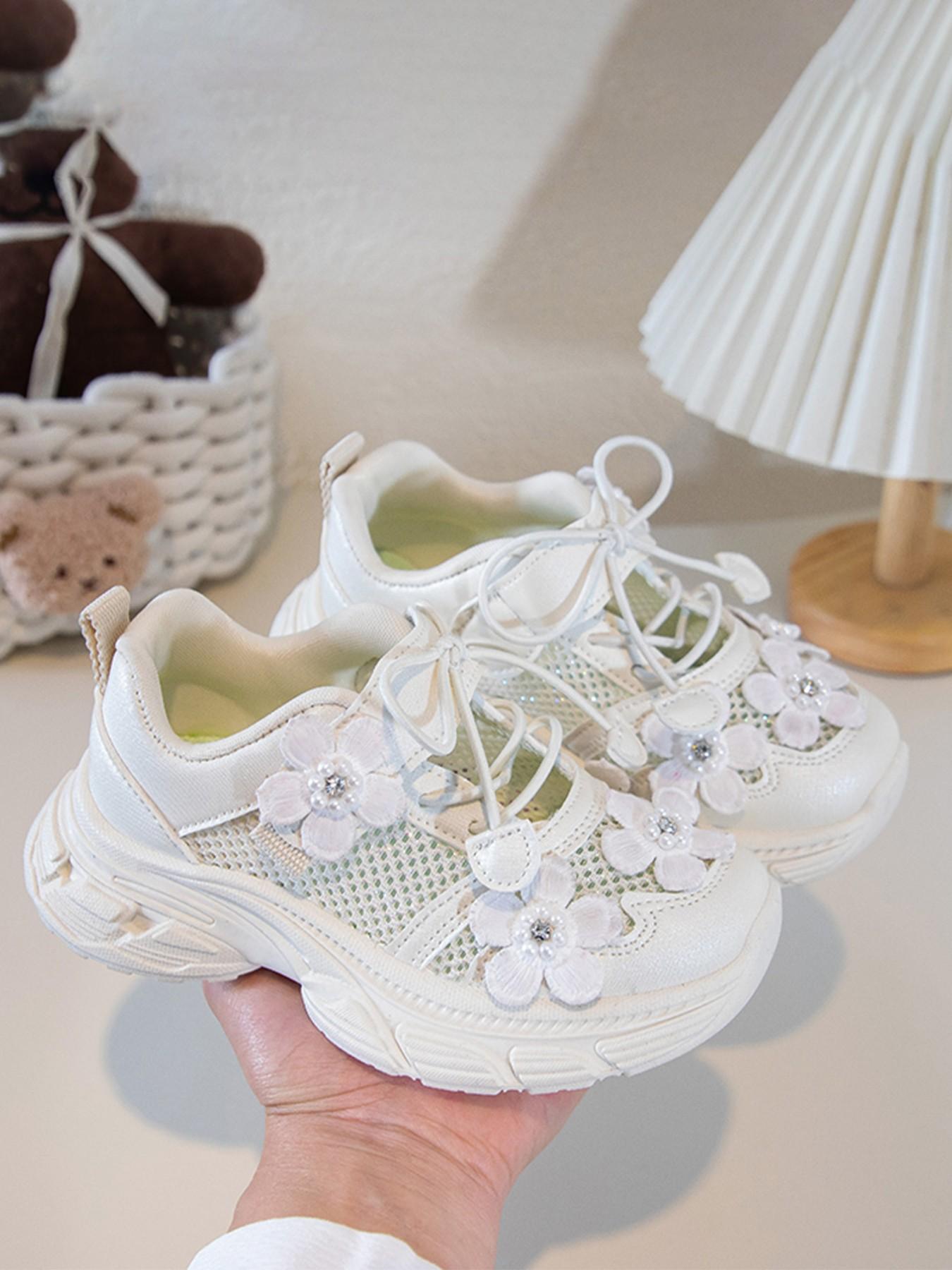 Girls' Floral Mesh Running Shoes, Breathable Anti-Slip Thick Sole, Cute Princess Style, Ages 2-12, Comfortable Kids Sports Shoes